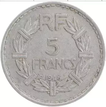 Монета 5 франков Франции 1948 года Алюминий