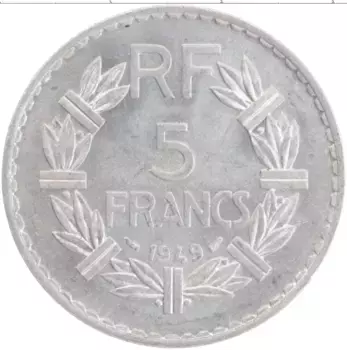 Монета 5 франков Франции 1949 года Алюминий