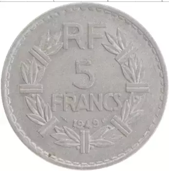 Монета 5 франков Франции 1949 года Алюминий