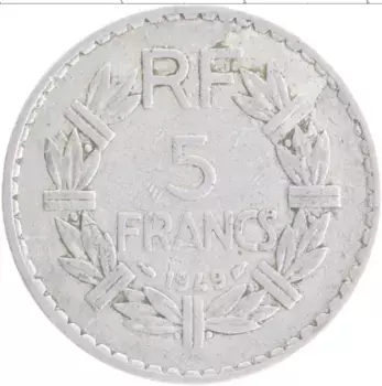 Монета 5 франков Франции 1949 года Алюминий