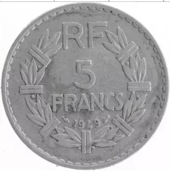 Монета 5 франков Франции 1949 года Алюминий