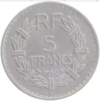Монета 5 франков Франции 1950 года Алюминий В
