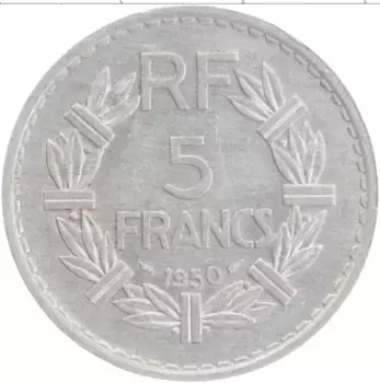 Монета 5 франков Франции 1950 года Алюминий