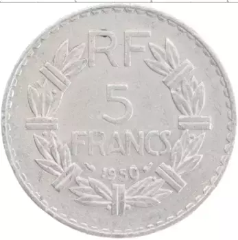 Монета 5 франков Франции 1950 года Алюминий