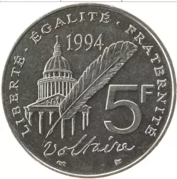 Монета 5 франков Франции 1994 года Медно-никель Вольтер