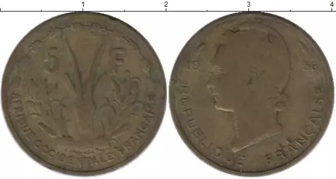 Монета 5 франков Французской Африки 1956 года Латунь Антилопа