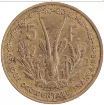Монета 5 франков Французской Западной Африки 1956 года Латунь
