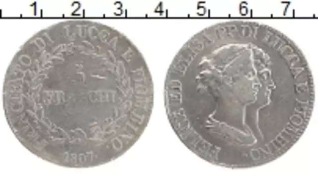 Монета 5 франков Лукки 1807 года Серебро Фелиция и Элиза