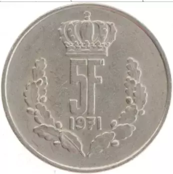 Монета 5 франков Люксембурга 1971 года Медно-никель Великий Герцог Жан