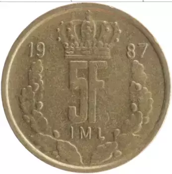 Монета 5 франков Люксембурга 1987 года Бронза Великий Герцог Жан
