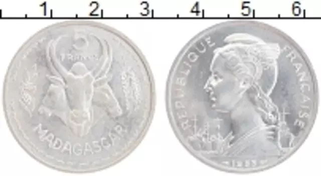 Монета 5 франков Мадагаскара 1953 года Алюминий