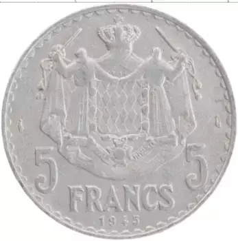 Монета 5 франков Монако 1945 года Алюминий Луи II