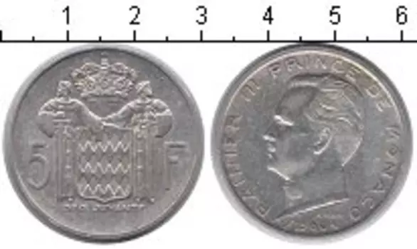 Монета 5 франков Монако 1960 года Серебро Ренье III