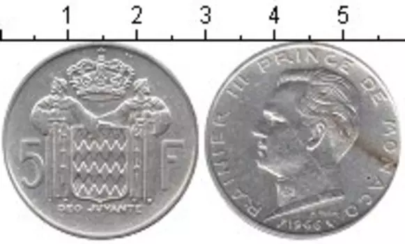 Монета 5 франков Монако 1966 года Серебро Ренье III