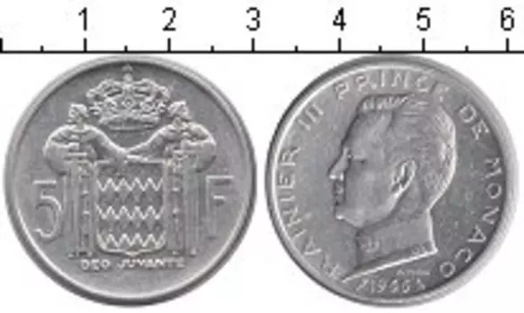 Монета 5 франков Монако 1966 года Серебро Ренье III