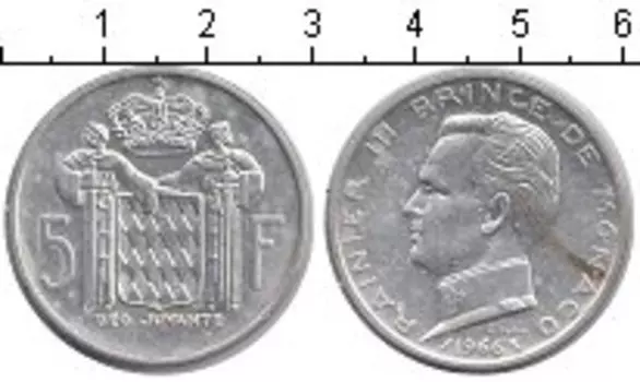 Монета 5 франков Монако 1966 года Серебро Ренье III