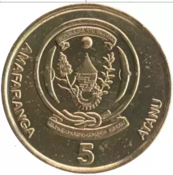 Монета 5 франков Руанды 2009 года Латунь