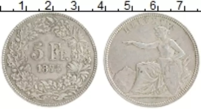 Монета 5 франков Швейцарии 1874 года Серебро