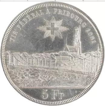 Монета 5 франков Швейцарии 1881 года Серебро Стрелковый фестиваль в Фрибурге