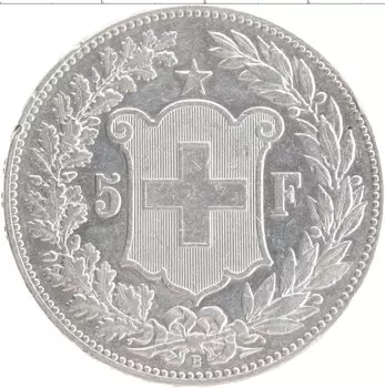 Монета 5 франков Швейцарии 1890 года Серебро