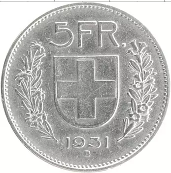 Монета 5 франков Швейцарии 1931 года Серебро Вильгельм Телль