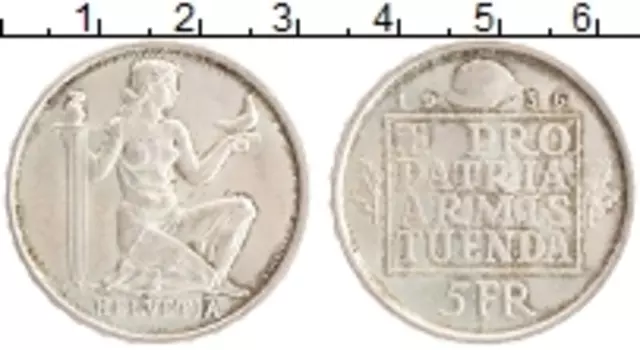 Монета 5 франков Швейцарии 1936 года Серебро Фонд вооружения Конфедерации