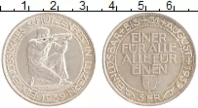 Монета 5 франков Швейцарии 1939 года Серебро Стрелковый фестиваль в Люцерне