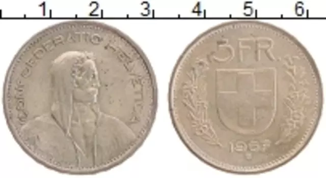 Монета 5 франков Швейцарии 1967 года Серебро