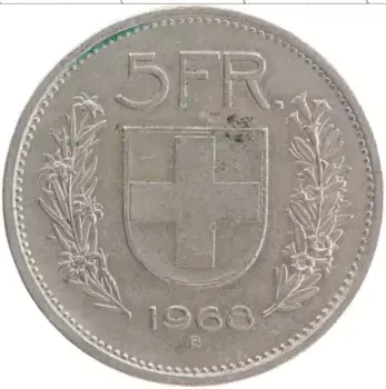 Монета 5 франков Швейцарии 1968 года Медно-никель