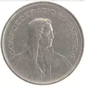 Монета 5 франков Швейцарии 1968 года Медно-никель