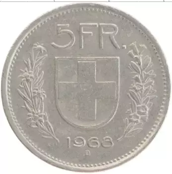 Монета 5 франков Швейцарии 1968 года Медно-никель
