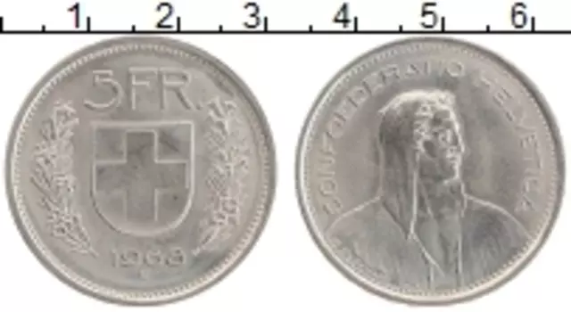 Монета 5 франков Швейцарии 1968 года Медно-никель Вильгельм Телль