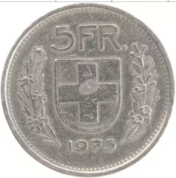 Монета 5 франков Швейцарии 1975 года Медно-никель