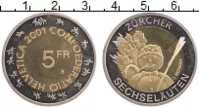 Монета 5 франков Швейцарии 2001 года Биметалл Шестизвонье-традиционный весенний праздник в Цюрихе