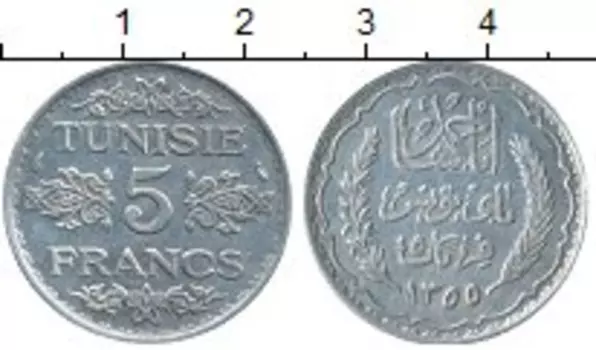 Монета 5 франков Туниса 1934 года Серебро