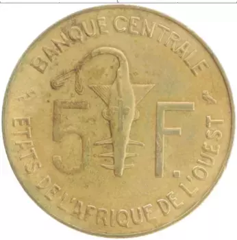 Монета 5 франков Западной Африки 1973 года Латунь