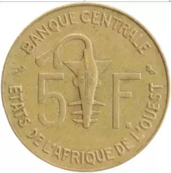 Монета 5 франков Западной Африки 1974 года Латунь