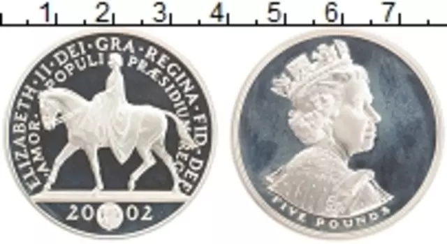 Монета 5 фунтов Англии 2002 года Серебро 50 лет правления королевы Елизаветы II