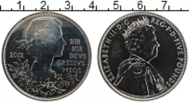 Монета 5 фунтов Англии 2012 года Медно-никель 60 лет правления королевы Елизаветы II