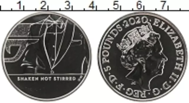 Монета 5 фунтов Англии 2020 года Медно-никель Джеймс Бонд - агент 007 - J Shaken not Stirred