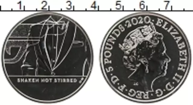 Монета 5 фунтов Англии 2020 года Медно-никель Джеймс Бонд - агент 007 - J Shaken not Stirred