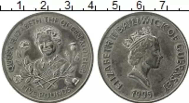 Монета 5 фунтов Гернси 1995 года Медно-никель Королева мать