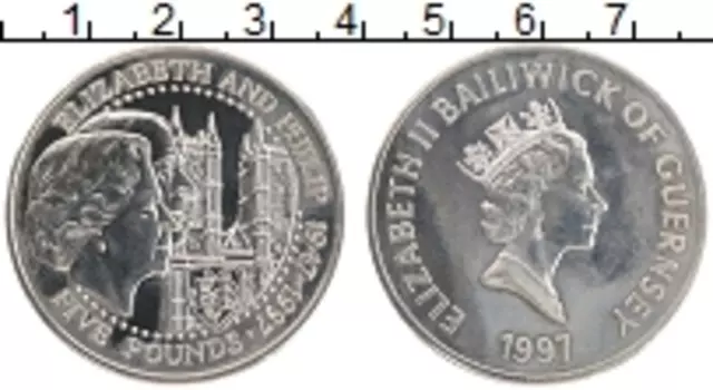 Монета 5 фунтов Гернси 1997 года Медно-никель Золотая свадьба Елизаветы II и Филиппа