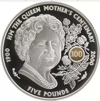 Монета 5 фунтов Гернси 2000 года Серебро 100 лет Королеве-матери