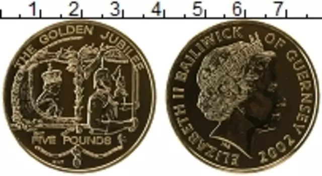 Монета 5 фунтов Гернси 2002 года Медно-никель 50 лет правления королевы Елизаветы II