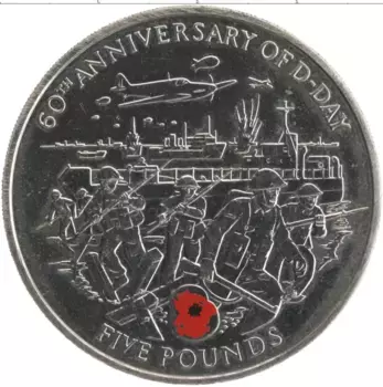 Монета 5 фунтов Гернси 2004 года Медно-никель 60 лет D-DAY
