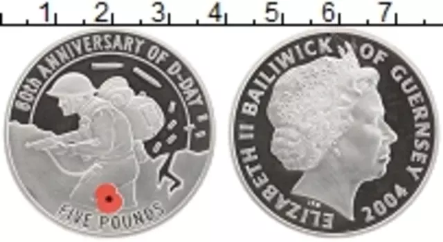Монета 5 фунтов Гернси 2004 года Серебро 80 лет высадки в Нормандии