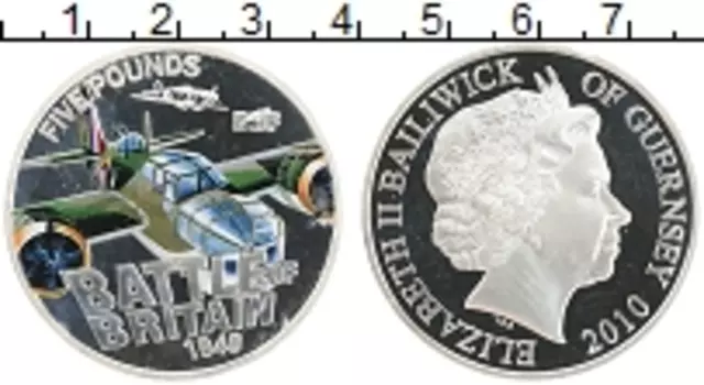 Монета 5 фунтов Гернси 2010 года Серебро Битва за Британию 1940