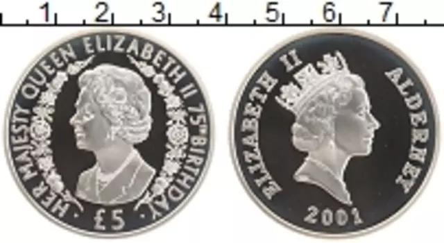 Монета 5 фунтов Олдерни 2001 года Серебро Елизавета II