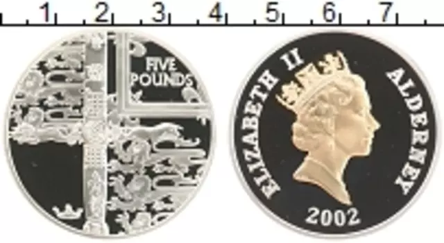 Монета 5 фунтов Олдерни 2002 года Серебро 50 лет правления королевы Елизаветы II